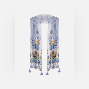 Camilla “Under Scarab Skies” blue silk Egyptian scarf shawl top belt head wrap